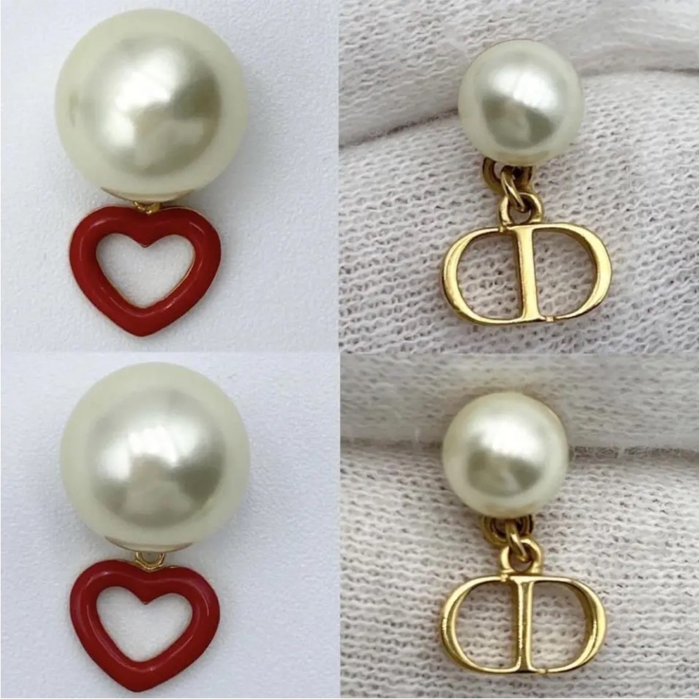 CHRISTIAN DIOR Pearl Heart Tribal Dioramour Earrings Gold Red Authentic - Picture 7 of 7